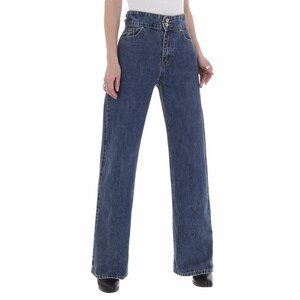 Fashion hoge taille blue jeans met wijde pijipen.