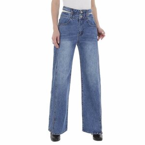 Trendy hoge taille blue jeans met wijde pijpen.