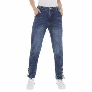 Hoge taille blue jeans met vetersluiting.