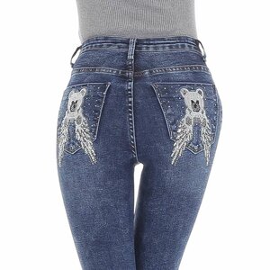 Skinny blue jeans broek met beer deco met wings.