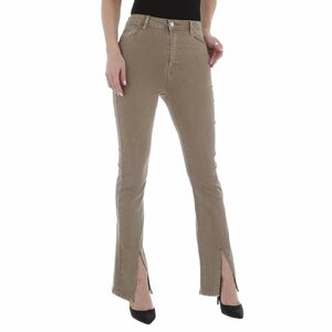 Taupe high waist jeans met flared leg.