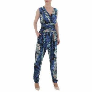 Trendy blauwe v-uitgesneden armloze jumpsuit met deco.