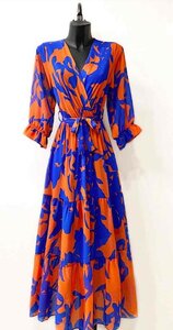 Sierlijke blauw-oranje maxi jurk SOLD OUT