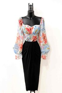 Romantische oranje-blauwe mixed shoulder off blouse-crop top