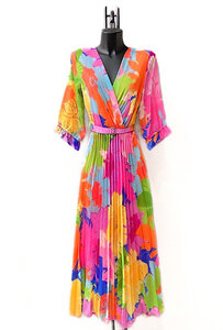 Fashion fuchsia mix maxi plisse jurk.