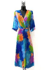 Fashion blauwe mix maxi plisse jurk.