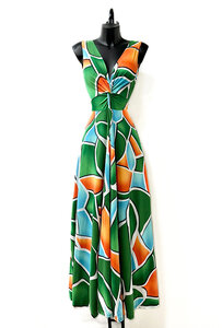 Zomerse groene-blauwe-oranje armloze maxi jurk