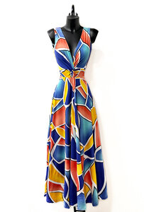 Zomerse blauwe-gele-oranje armloze maxi jurk