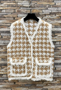 Beige-witte mouwloze cardigan