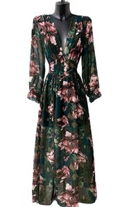 Maxi robe longue vert-rose a motif fleurs