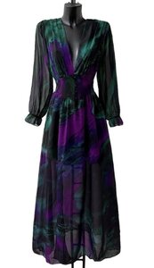 Maxi robe longue pourpre-vert mix a motif 