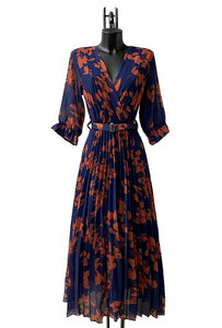 Gracieuse blauw oranje mix maxi plisse jurk 