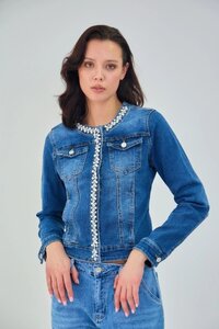 Korte donker blauwe jeans jacket met parels en strass