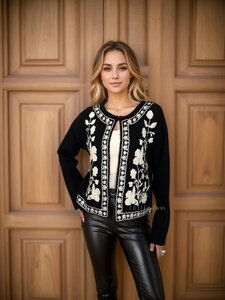 Zwarte cardigan met witte 3 d bloemen