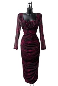 Lange bordeaux mix bodycon jurk met rechthoekige kraag