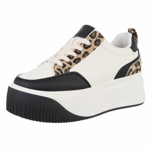 Cream-zwarte lage sneaker Bahira met luipaarddetail