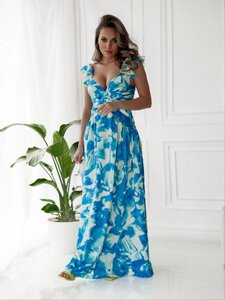 Prachtige blauw-witte mixed maxi jurk met motief
