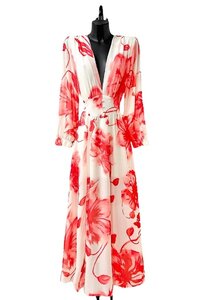 Sierlijke wit-rode mixed maxi jurk met bloem motief