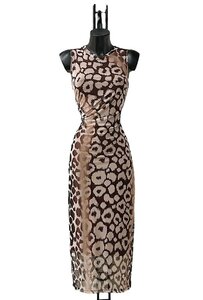 Prachtige lange mouwloze bruin-beige bodycon jurk met bloemmotief
