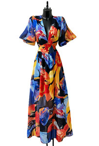 Mooie blauw-oranje maxi jurk met print