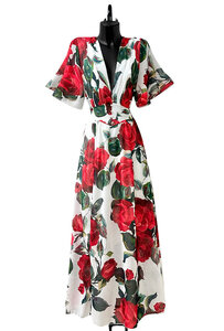 Mooie rood-groen-witte maxi jurk met print