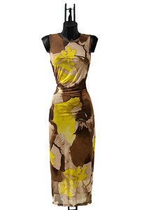 Prachtige lange mouwloze geel bruine bodycon jurk