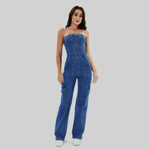 Modieuze blauwe jeans bustier jumpsuit