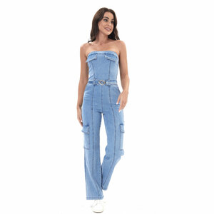 Modieuze licht blauwe jeans bustier jumpsuit