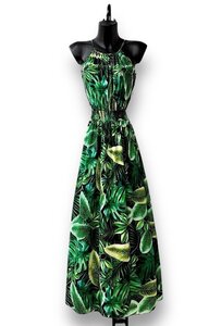 Chique armloze groene maxi halterjurk 