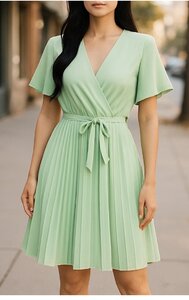 Korte wasabi groene cross heart plisse jurk 