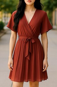 Korte terracotta cross heart plisse jurk 