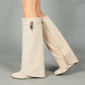Hoge beige suede laars met omslag Calista
