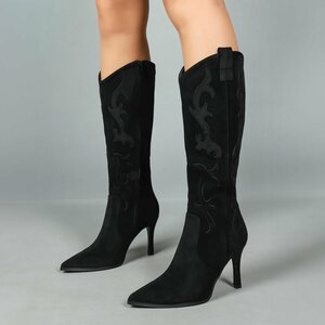 Hoge zwarte suede western-biker laars Carissa