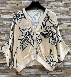 Beige gilet in satin met bloemenprint