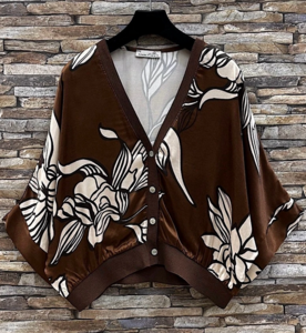 Bruine gilet in satin met bloemenprint
