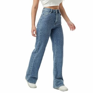  Blauwe wide leg jeans broek voor dames met print
