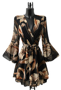 Prachtige korte zwart-bruine wikkeljurk met bloemen print 