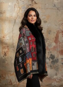 Multicolour poncho met print van huizen