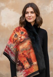 Multicolour poncho met print van poes