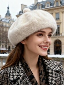 Cream baret in imitatiebont