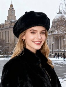 Zwarte baret in imitatiebont