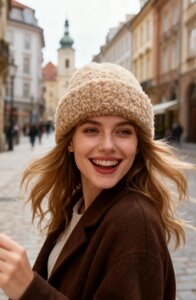 Camel beanie met sherling effect