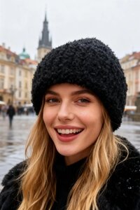 Zwarte beanie met sherling effect