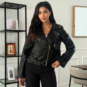 Korte zwarte leatherlook biker jacket