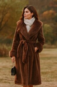 Bruine lange luxe mantel in faux fur