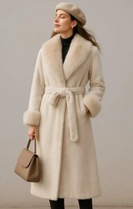 Beige lange luxe mantel in faux fur