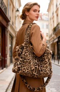 Leopard printed schoudertas in imitatiebont op beige achtergrond