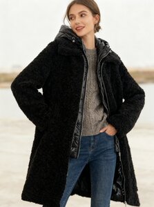 Trendy lange zwarte midi teddy jas