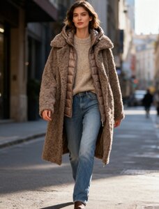 Trendy lange taupe midi teddy jas