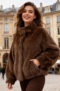 Trendy korte bruine faux fur jas met ronde col